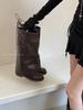 Botas Femininas Estilo Europeu e Americano 2025 Outono e Inverno Novas Botas de Montaria Pregueadas Retro Melard Botas Longas com Salto