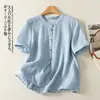 Foto Real de la Nueva Colección de Verano 2026 Camisa Top de Lino Versátil de Manga Corta para Mujer, Corte Holgado Talla Grande Estilo Mamá
