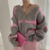 Outono Coreia do Sul Dongdaemun listrado cardigan casaco camisola para mulheres solto preguiçoso exterior vestir cor combinando camisola V-neck para as mulheres