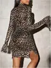 Fabricante Amazon Exportación Transfronteriza 2025 Nuevo Otoño e Invierno Europeo y Americano Sexy Estampado de Leopardo Vestido de Manga Larga Falda Corta