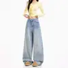 Jeans Transfronteiriço Feminino Solto de Perna Larga Manchas de Tinta Retro Cintura Baixa Calça Longa Azul Claro Azul Claro Estendido Padrão Yi Chun