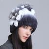 Gorro de Lana Grueso de Invierno Nuevo para Mujer Estilo Europeo y Americano, Gorro de Piel de Conejo Rex, Gorro de Punto con Cinturón Lateral y Flor