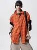 Camisa de Manga Corta a Cuadros Naranja Estilo Retro Americano High Street para Hombre Verano Holgada y Versátil Casual Cuello de Solapa Camisa de Trabajo