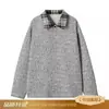 Sudadera retro americana de chenilla con hombros normales para hombre, nueva de otoño e invierno, con retazos de cuadros, cuello camisero, manga larga casual, polo