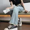 Jeans de micro-bota color claro para mujer, primavera y otoño 2024, nuevo diseño de corte dividido adelgazante, pantalones acampanados de cintura alta