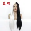 Peruca Europeia e Americana Feminina peruca bicolor nova preto branco costura cabelo liso comprido peruca fibra química renda frontal touca