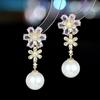 Pendientes elegantes y modernos de plata s925 con aguja francesa, vestido de cena con flores de doble capa y pendientes de perlas de copo de nieve.