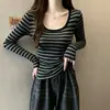 Camiseta de Manga Larga con Cuello en U, Estilo Americano, para Mujer, Rayas Negras y Grises, Corte Ajustado, Favorecedora, Pura Tentación, Top que Ceñe la Cintura, Cangrejo Wubi Terciopelo