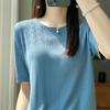Verão novo mulheres gelo seda oco pescoço redondo tricotado manga curta fina casual camiseta solta respirável meia manga superior