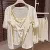 Pijama de Tres Piezas de Algodón Tencel con Almohadillas en el Pecho, Tirantes Femeninos de Verano, Conjunto de Shorts y Camiseta de Manga Corta, Ropa de Casa Estilo Puro Lust
