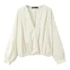 Comercio Exterior Transfronterizo Ropa de Mujer Moda Otoño e Invierno 2025 Estilo Europeo y Americano Elegante Cuello en V Doble Botonadura Textura de Satén de Seda Camisa de Manga Larga