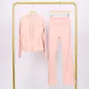 Conjunto Lulu Df de Jaqueta com Capuz Estampada e Calça Flare, Gola Alta Justa, Zíper Dourado Elástico, Roupa para Fitness Yoga