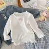 Camisa Básica de Primavera e Outono para Meninas, Camiseta de Manga Longa com Laço e Gola de Orelha, Top Branco Doce e Versátil para Bebês