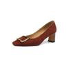 Zapatos de estilo francés para ir al trabajo, de punta cuadrada, boca baja, de una sola capa, nuevos y elegantes, zapatos de hebilla cuadrada para las cuatro estaciones, color vino tinto, ante de oveja, tacón medio grueso, zapatos de mujer