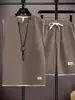 Conjunto de camisetas de punto gofre de manga corta y sin mangas para hombre, chaleco de verano, atuendo casual deportivo para estudiante, conjunto moderno para hombre