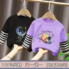 Camiseta de manga longa de algodão puro para meninos, primavera e outono, blusa de outono infantil, novo modelo 2026, base falsa de duas peças para crianças maiores