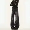 Jeans acampanados lavados con estampado de rayo estilo retro americano para mujer, pantalones versátiles de pierna recta de cintura alta de pierna ancha acampanados para primavera y otoño