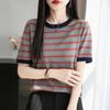 25 Anos Novo Verão Algodão Puro Gola Redonda Tricô Manga Curta Camiseta Feminina Listras Coloridas Blusa Básica Solta Top