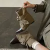 Botas de lona para mujer, nuevo estilo 2026, con lazo y aumento interno de altura, botas de tacón alto con punta afilada y tacón de bloque, botas de vaquero western retro