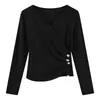 Elegante top de cuello en V para mujer, camiseta de manga larga de otoño, corte ajustado y favorecedor, base para chicas con estilo