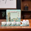 Juego de Té Qianli Jiangshan Cultural y Creativo Tendencia Nacional Pintado a Mano con Tetera de Asa Regalo de Kung Fu para Negocios Caja de Regalo Souvenir Cerámica