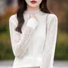 Suéter feminino de lã penteada, elegante, para viagem, com gola de orelha de malha francesa, cor sólida, vazado, microtransparente, manga comprida