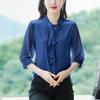 Camisa de Seda de Hangzhou Vestido de Verão Feminino Renda Fungo Gola Alta Manga Média Blusa Cor Pura Manga Três Quartos Camisa de Seda de Amora
