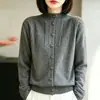 Novo Cardigã Feminino Gola Meia-Alta Tricô Jacquard Vazado Cardigã Outerwear Outono Inverno Solto Cor Sólida Casaco Suéter Feminino