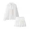 Traje de Dos Piezas de Moda para Mujer Verano Delgado con Lazo y Cordones Manga Larga Jersey Camisa Holgada Falda Mini Plisada