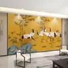 Papel de Parede Retrô Estilo Chinês de Bambu e Garça para Sala de Estar, Sofá e Parede de Fundo da TV, Mural Decorativo Contínuo com Design de Garça Auspiciosa
