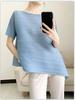 Top plisado irregular de manga corta, verano, plisado suelto de largo medio, nicho, cuello redondo, camiseta ajustada para mujer