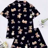 Cardigan Cruzado Europeu e Americano de Seda de Leite, Pijama Preto para Mulheres, Shorts de Manga Curta, Conjunto Casual Respirável para Casa Fabricante