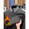 Suéter grosso com forro de fleece para outono e inverno, gola de camisa, camisa base de tricô quente para homens de meia-idade, contém lã de ovelha