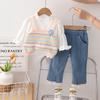 Terno de roupas de outono para meninas 2023 novo estilo ocidental bebê meninas moda suéter colete conjunto de três peças bebê crianças roupas moda