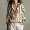 Camisa Listrada de Manga Longa com Gola e Botões, Corte Regular Casual para o Dia a Dia, Primavera e Outono, para Mulheres