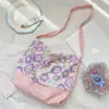 65155 Bolsa de Lona com Estampa Floral Azul e Xadrez Azul, Estilo Casual para Viagem de Estudante, Bolsa de Ombro Cruzada Artística