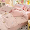 Conjunto de quatro peças de algodão com toque de nuvem de camada dupla, lençol de cama de algodão lavado, capa de edredom, conjunto de três peças para dormitório estudantil, capa de edredom individual