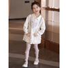 Vestido Sudadera de Encaje en Capas para Niñas Mayores, Nuevo Vestido Princesa de Color Sólido con Cuello de Encaje en Forma de Corazón para Primavera y Otoño