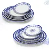 Prato de porcelana azul e branco disco de melamina prato de cozinha de restaurante restaurante prato plano de imitação de porcelana de plástico prato raso louça de osso comercial