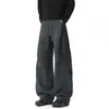 Pantalones casuales holgados para hombre de color gris oscuro, pantalones deportivos rectos de moda, diseño plisado, adecuados para otoño, estilo de pierna ancha de peso pesado, para adolescentes
