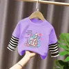G2049# camiseta de manga larga para niños y niñas primavera y otoño extranjero nuevo caricatura infantil linda cuello redondo camiseta básica doble falsa