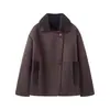 Abrigo Vintage de Piel Sintética para Mujer para Comercio Exterior Transfronterizo 2026, Cuello Solapa, Lana de Cordero Sintética, Patchwork, Corte Holgado, Chaqueta Cálida