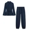 Amazon Wholesale Estilo Europeo Nuevo Estilo Cintura ceñida Cuello redondo Moda Camisa Top Pantalones Largos Casuales Conjunto de Dos Piezas