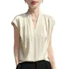 Camisa de Verano Nueva Estilo Francés con Cuello en V de Satén de Acetato de Gama Alta de Manga Corta para Mujer con Pequeñas Mangas Volantes, Elegante Blusa