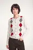 "Bailu" Hilo Yangzi de 60s Patrón de rombos Color contrastante Cuello redondo Cardigan de punto Chaqueta fina holgada de manga larga Prendas de punto