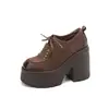 Sapatos de Couro Femininos com Cadarço de Renda Salto Alto Estilo Retrô Britânico Novos Sapatos da Moda Salto Grosso Sola Grossa