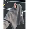 Suéter de rayas grises con media cremallera y cuello alto, tejido casual retro americano de otoño para hombre, prenda de abrigo 2026