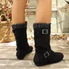 Comercio exterior transfronterizo botas casuales de punto de gran tamaño con puño, doble hebilla, suela plana, plisadas, apiladas, botas de gamuza negra de media pantorrilla para mujer