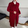 Abrigo de Cachemira Rojo Elegante de Doble Cara para Mujer, de Longitud Media, Cintura con Cordones Hasta la Rodilla, Abrigo de Lana Pura, Elegante para Otoño e Invierno