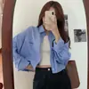 Camisa Feminina Curta com Listras Verticais Bordada, Cintura Alta, Mangas Longas e Proteção Solar, Jaqueta Tendência Estilo Coreano 2026